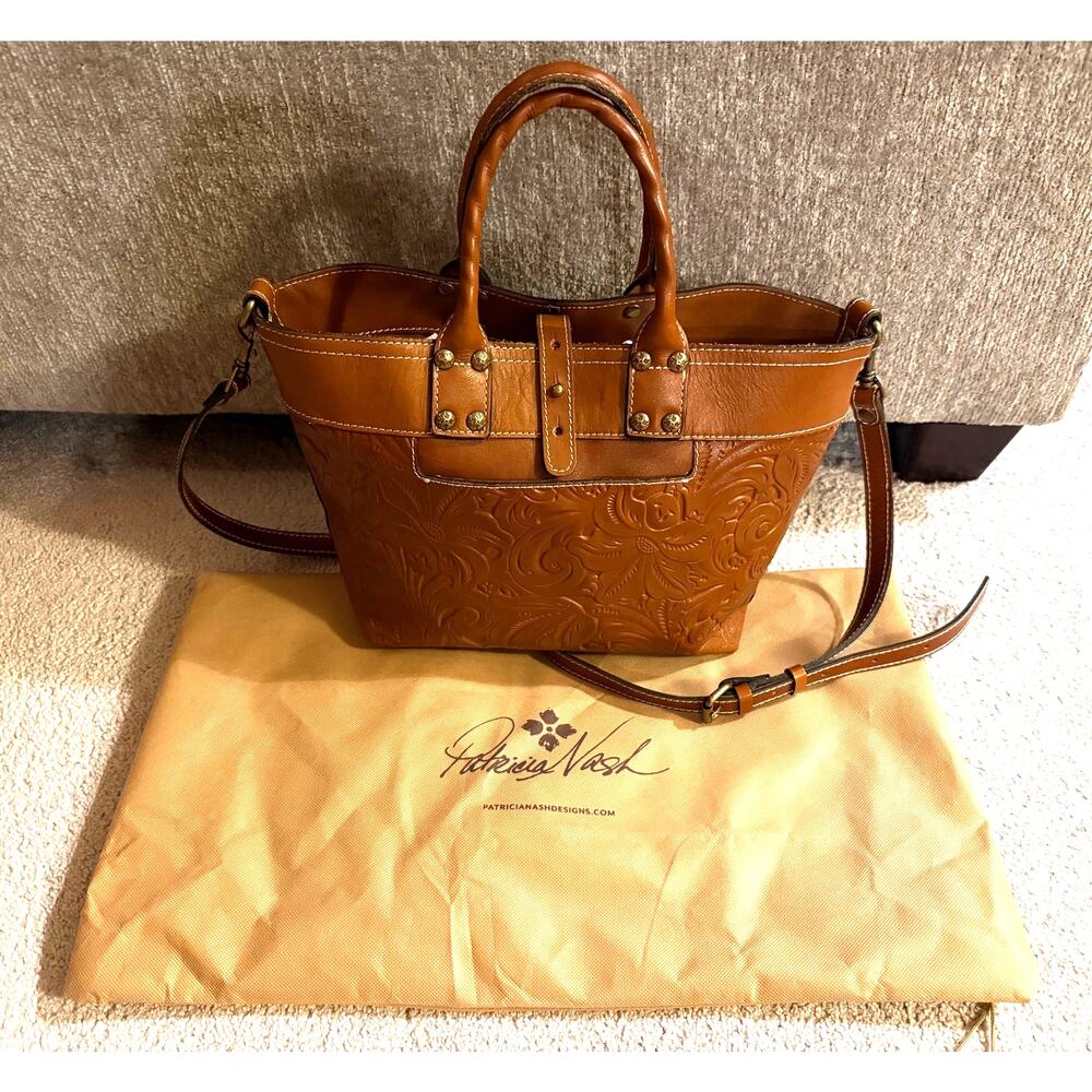 Patricia Nash Analia Tooled Leather Crossbody Tote Bag Brown Shoulder Strap